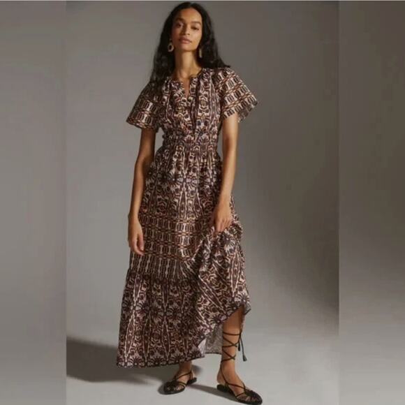 Anthropologie Dresses & Skirts - ANTHROPOLOGIE The Somerset Maxi Dress Cotton Geometric Navy Orange Sz M {Y39}